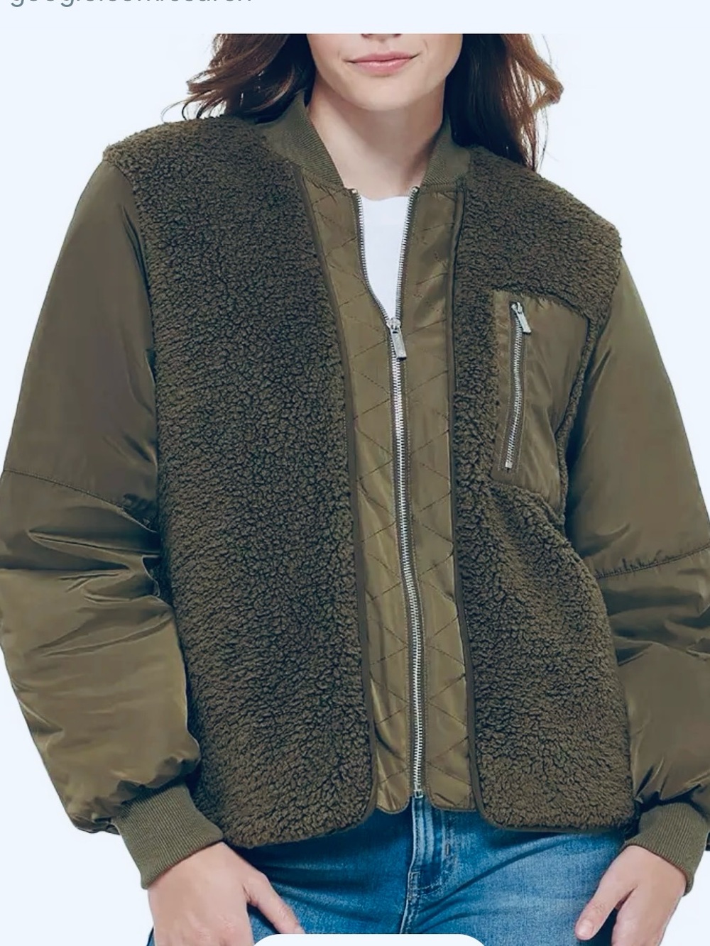 Calvin Klein Olive Green Mixed Media Sherpa Fleece Bomber Jacket Medium